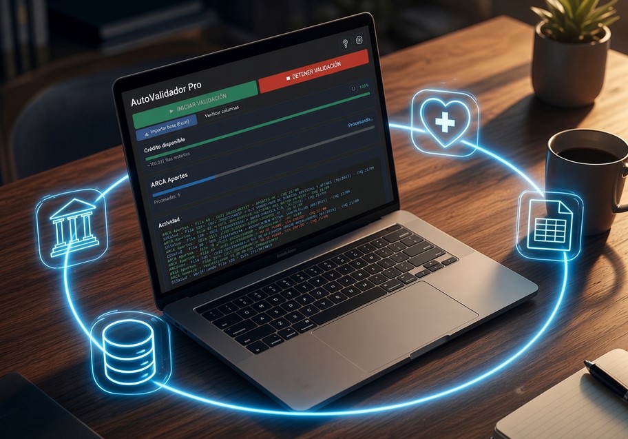 AutoValidador Pro validando aportes en ARCA y cobertura en SSSalud desde una notebook